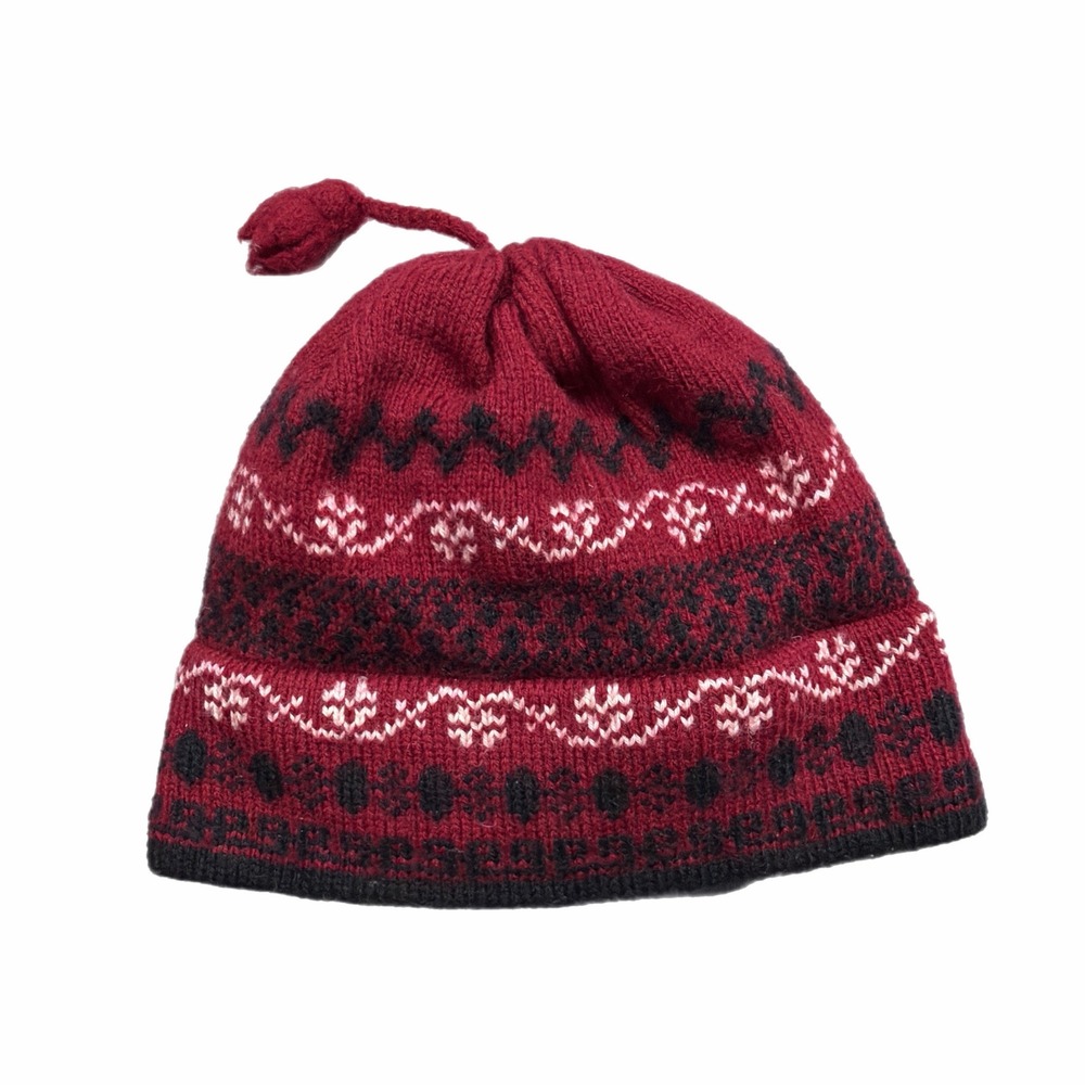 Vermont Originals Wool Beanie Red Fair Isle Tassel Hat Fleece Lined USA Made